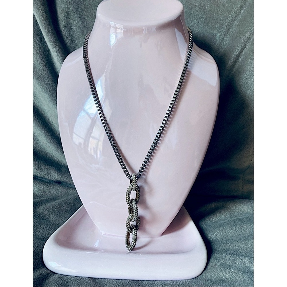 Silver Gold Mixed Metal Chunky Chain Necklace Pave Diamante Pendant Y2K
